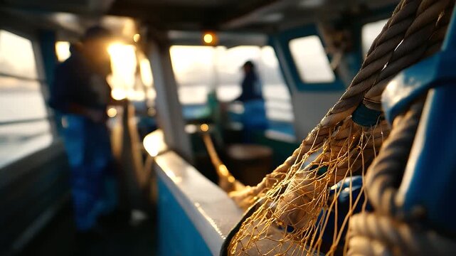 Defocused fishing boat interior with faceless crew moving in unified rhythm, focus on nets and ropes lit by soft golden dawn, with copy space