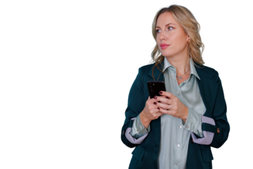 Businesswoman holding smartphone, looking away with thoughtful expression on transparent background