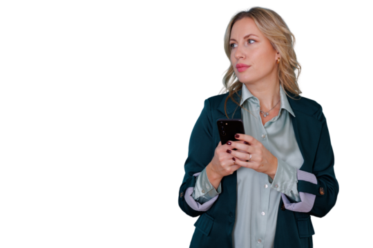 Businesswoman holding smartphone, looking away with thoughtful expression on transparent background - Powered by Adobe