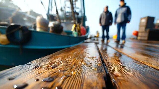 Close-up of weathered deck planks wet from seawater, faceless fishermen blurred above in early morning haze, with copy space