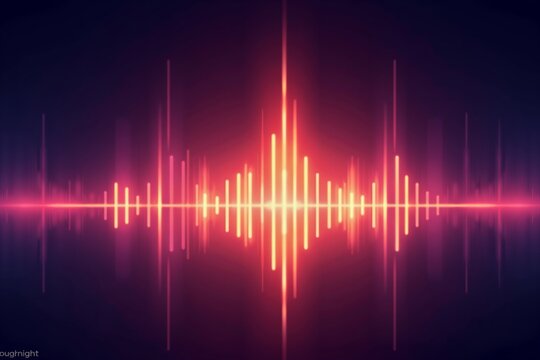 Vibrant audio waveform in gradient hues of pink, orange and yellow against a dark background. Dynamic sound visualization design.