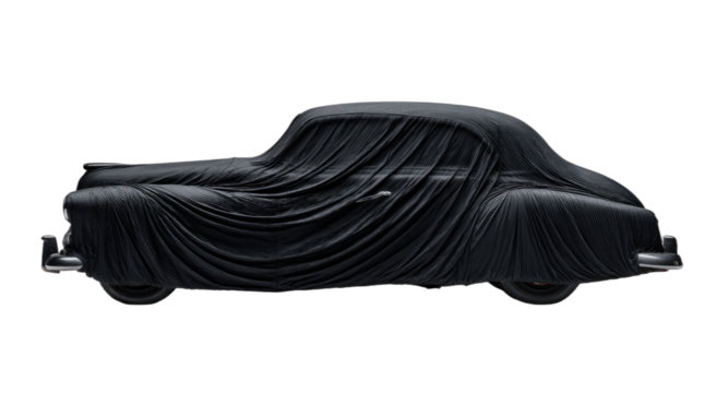 A classic automobile elegantly draped in a black fabric cover