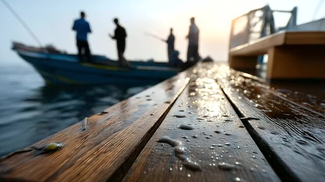 Close-up of weathered deck planks wet from seawater, faceless fishermen blurred above in early morning haze, with copy space