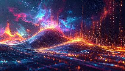Abstract landscape with luminous particles and neon clouds against a dark, celestial background