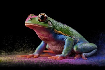 Naklejka premium colorful tree frog on a black background with copy space. rainbow-colored neon paint splashes and glowing particles.