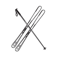 Engraving style sketch of crossed alpine skis and poles.