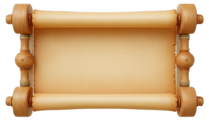 Rendered scroll with wooden handles, aged parchment, and a blank space for content
