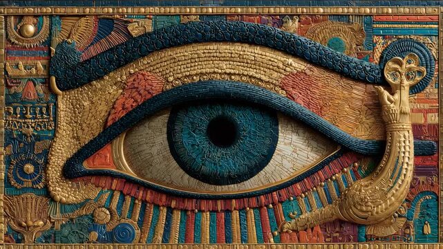 Ornate Eye of Horus Relief Sculpture: Ancient Egyptian Symbolism, Mythology, Protection, and Royal Power, Detailed Carving, Rich Colors.
