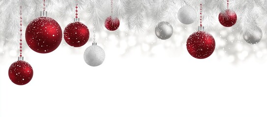 christmas background with white christmas tree branches and red ornaments hanging on it.