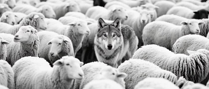 Lone Wolf Staring Intently Among Flock of Sheep, Black and White Photo, Farm Environment, Close-Up Viewpoint, Deception Concept