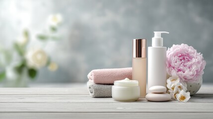 postbiotics. Skincare products and accessories arranged elegantly with soft focus. lifestyle magazines, social media lookbooks, designed for lifestyle magazines and social media content.