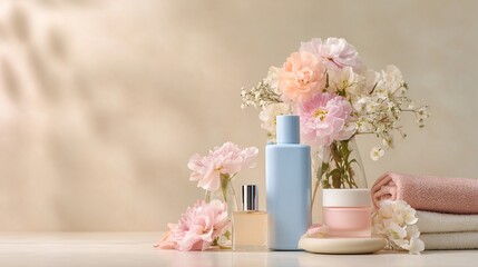 postbiotics. Skincare products and accessories arranged elegantly with soft focus. lifestyle magazines, social media lookbooks, designed for lifestyle magazines and social media content.