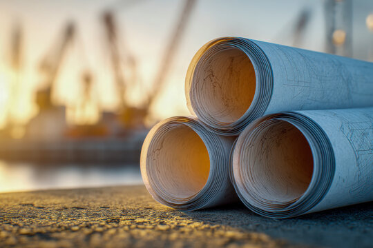 Rolled architectural blueprints placed on a textured surface with blurred industrial cranes and warm sunset light in the background creating a construction planning