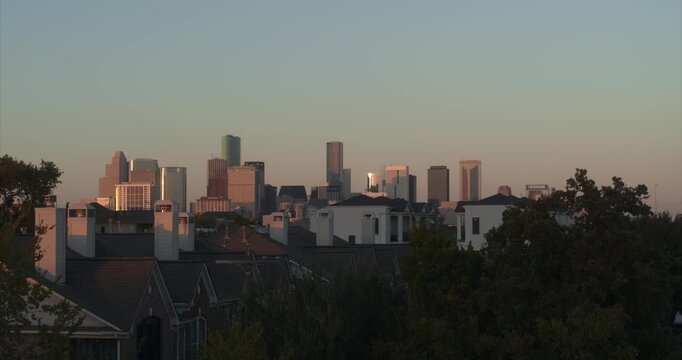 4K Drone Establishing Shot of Downtown Houston Skyline at Sunset from Third Ward