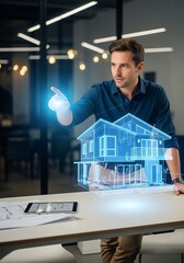 Architect Designing Futuristic Home with Hologram Technology in Modern Office.