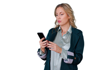 Professional businesswoman using smartphone for business communication, online tasks, and digital connection with transparent background