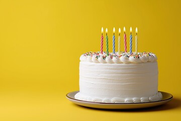 a beautiful birthday cake with candles on a yellow background, minimalist in style, high-resolution photography, a stock photo, professional color grading, soft shadows.
