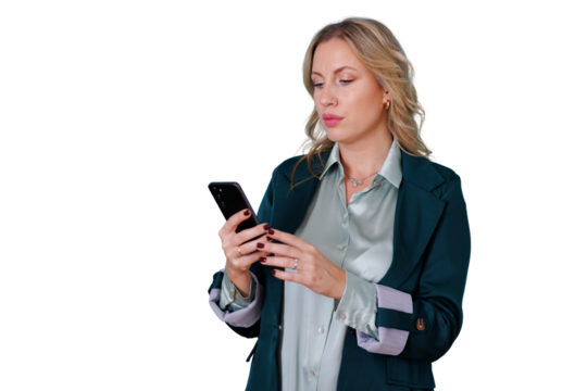 Professional businesswoman using smartphone for business communication, online tasks, and digital connection with transparent background - Powered by Adobe