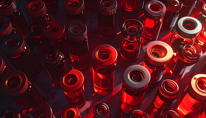Serum Vials in Laboratory: A high-angle perspective showcases a collection of serum vials, filled with a vibrant red substance, arranged meticulously in a clinical setting.