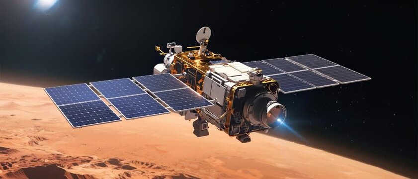 Orbiting, Satellite Spacecraft, Mars Orbit, Sci-Fi Render, Space Environment, Side Viewpoint, Exploration Concept