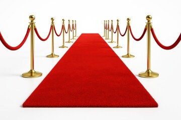 Long red carpet runner on pure white background eye level perspective with gold stanchions and ropes for gala event award and ceremony themes