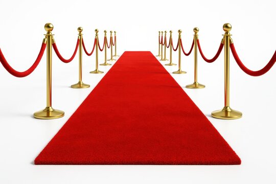 Long red carpet runner on pure white background eye level perspective with gold stanchions and ropes for gala event award and ceremony themes