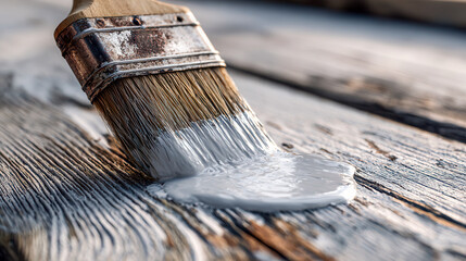 Rustic old wooden surface being painted with thick white paint using a well-worn brush for restoration and home improvement projects outdoors