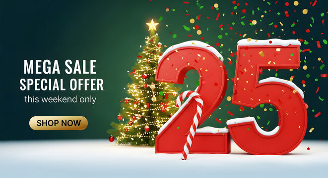 Mega Sale Special Offer 25 With Christmas Tree Candy Cane and Snowflakes image photo