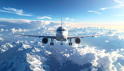 Airplane flies toward camera over snowy mountains with a partly cloudy sky