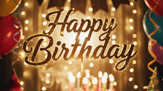 Golden 'Happy Birthday' text illuminated by fairy lights and candles, with balloons in the foreground.