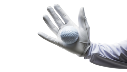 Hand in a white golf glove holding a golf ball, ready to swing, isolated on a white background