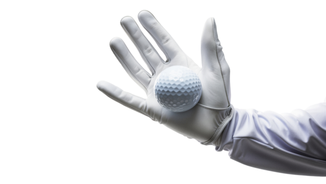 Hand in a white golf glove holding a golf ball, ready to swing, isolated on a white background
