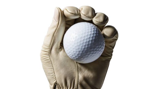 Closeup of hand holding golf ball in leather glove, isolated on white - Powered by Adobe