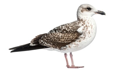 Obraz premium Bird with speckled plumage stands against a plain white backdrop in a side profile view
