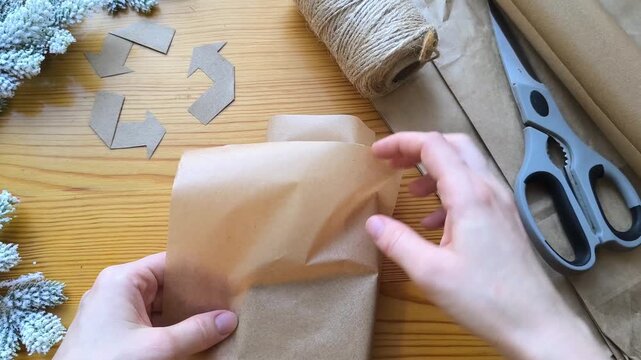 Gift wrapping in eco-friendly materials against the background of a recycling symbol and Christmas tree branches