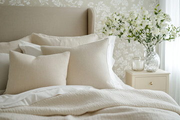 Serene bedroom setup cozy bedside table flowers beside neutral lamps warm and a style. Pillows light and silk sheet providing soft, calm and romantic at calm sleep.