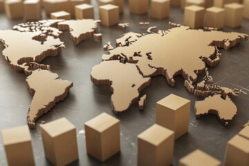 International trade and economics, world map and blocks show future. Conceptual world has business and trade. Economics is great for world.