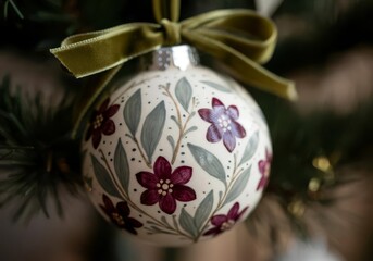 Hand-Painted Folk Floral Ceramic Christmas Bauble with Olive Velvet Ribbon — Scandinavian Minimalist Product Shot
