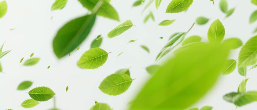Falling Leaves Motion, Fresh Green Leaves, Abstract Space, Stock Photo, White Background, Close-up Viewpoint, Nature Renewal Concept