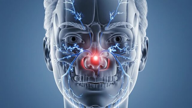 3D Animation of Human Head with Highlighted Nose and Sinuses Medical Visualization of Respiratory System.