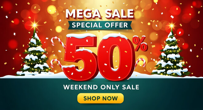 Mega Sale Special Offer Fifty Percent Off with Christmas Trees and Snow 50 percent