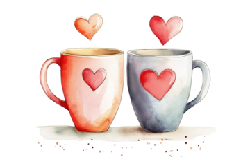 Watercolor Valentine Couple Mugs Isolated on Transparent Background. Cute Valentine Mug Pair Watercolor Illustration Isolated PNG.