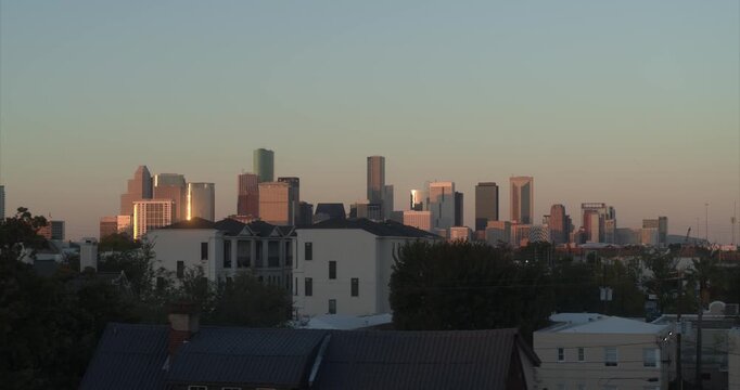 Sunset Aerial View of Downtown Houston Skyline from Historic Third Ward | 4K Drone Footage