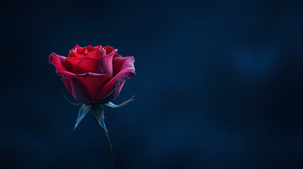 Single red rose on dark blue background in soft dramatic lighting
