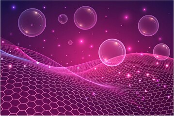A pink and purple background with bubbles and a hexagonal grid surface with glowing light accents