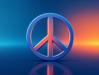 Peace symbol with vibrant blue and orange lighting on reflective surface

