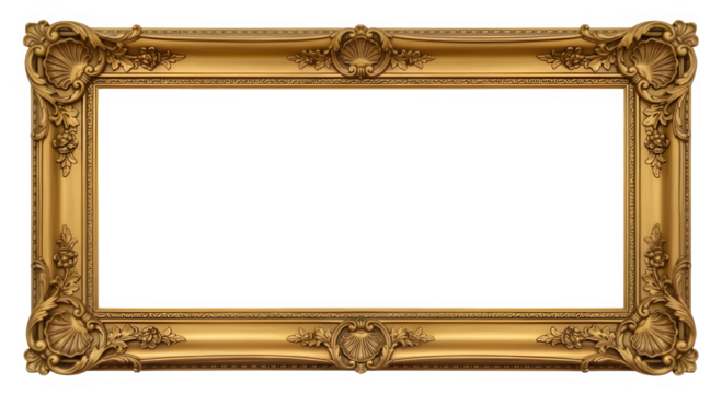 Ornate antique gold picture frame with elaborate decorative carvings on a black background