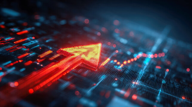 Digital glowing arrow pointing upward symbolizing growth and progress over a futuristic data-driven technology and finance background with dynamic light effects - Powered by Adobe