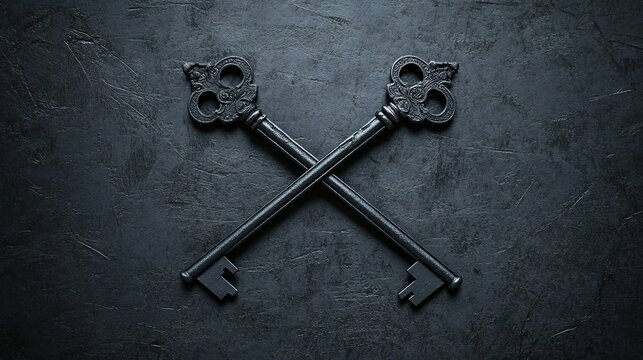soliloquy. Two antique skeleton keys crossed on a dark textured background with dramatic shadows. lifestyle magazines.