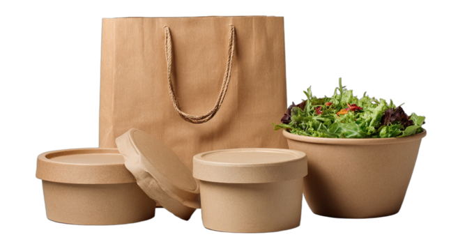 Recyclable containers and bag with fresh salad